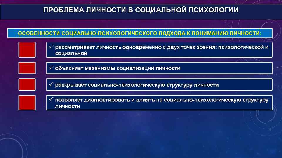 ПРОБЛЕМА ЛИЧНОСТИ В СОЦИАЛЬНОЙ ПСИХОЛОГИИ ОСОБЕННОСТИ СОЦИАЛЬНО-ПСИХОЛОГИЧЕСКОГО ПОДХОДА К ПОНИМАНИЮ ЛИЧНОСТИ: ü рассматривает личность