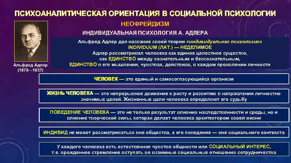 ПСИХОАНАЛИТИЧЕСКАЯ ОРИЕНТАЦИЯ В СОЦИАЛЬНОЙ ПСИХОЛОГИИ НЕОФРЕЙДИЗМ ИНДИВИДУАЛЬНАЯ ПСИХОЛОГИЯ А. АДЛЕРА Альфред Адлер (1870— 1937)