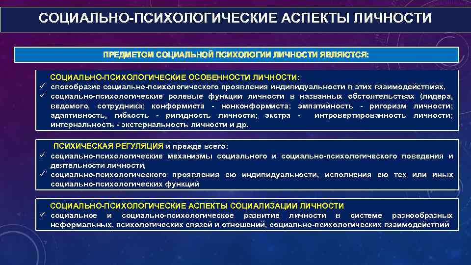 СОЦИАЛЬНО-ПСИХОЛОГИЧЕСКИЕ АСПЕКТЫ ЛИЧНОСТИ ПРЕДМЕТОМ СОЦИАЛЬНОЙ ПСИХОЛОГИИ ЛИЧНОСТИ ЯВЛЯЮТСЯ: СОЦИАЛЬНО-ПСИХОЛОГИЧЕСКИЕ ОСОБЕННОСТИ ЛИЧНОСТИ: ü своеобразие социально-психологического