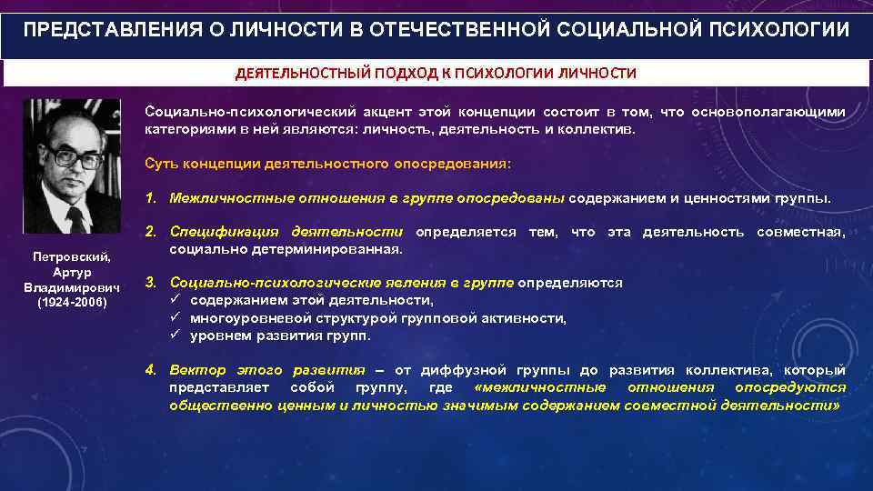 ПРЕДСТАВЛЕНИЯ О ЛИЧНОСТИ В ОТЕЧЕСТВЕННОЙ СОЦИАЛЬНОЙ ПСИХОЛОГИИ ДЕЯТЕЛЬНОСТНЫЙ ПОДХОД К ПСИХОЛОГИИ ЛИЧНОСТИ Социально-психологический акцент