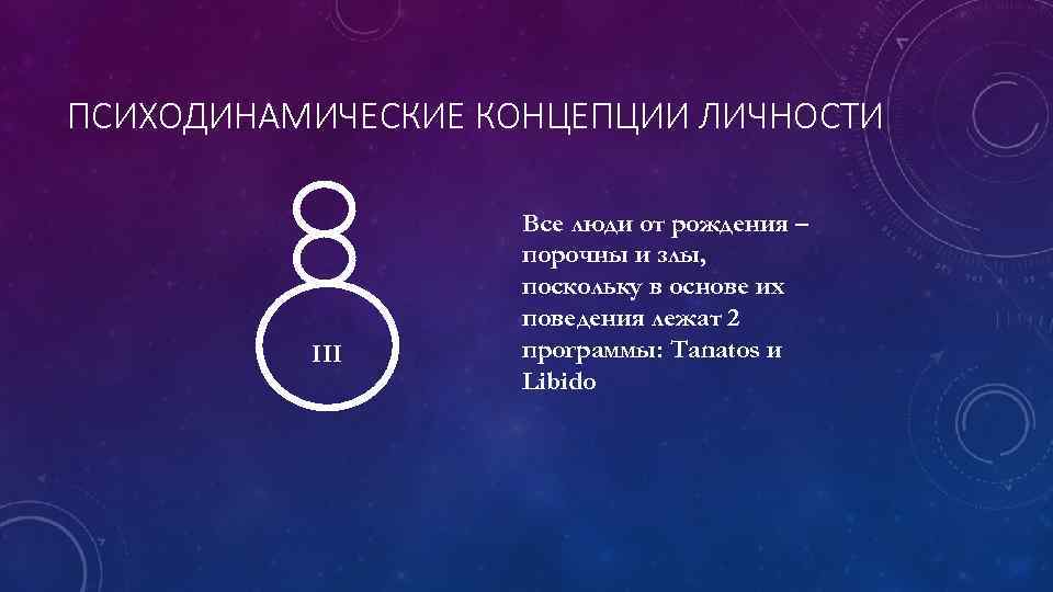 ПСИХОДИНАМИЧЕСКИЕ КОНЦЕПЦИИ ЛИЧНОСТИ III Все люди от рождения – порочны и злы, поскольку в