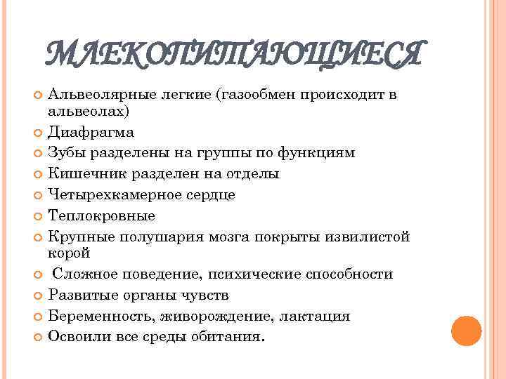 МЛЕКОПИТАЮЩИЕСЯ Альвеолярные легкие (газообмен происходит в альвеолах) Диафрагма Зубы разделены на группы по функциям