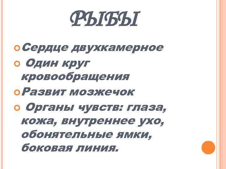 РЫБЫ Сердце двухкамерное Один круг кровообращения Развит мозжечок Органы чувств: глаза, кожа, внутреннее ухо,