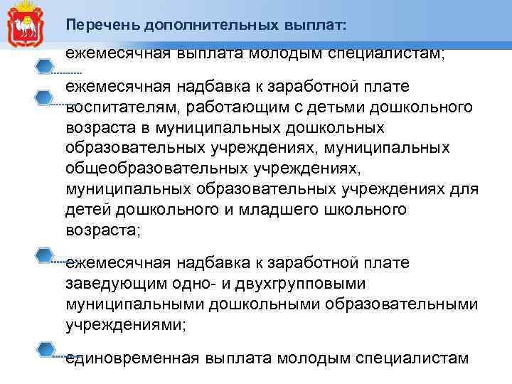 Перечень дополнительных выплат: ежемесячная выплата молодым специалистам; ежемесячная надбавка к заработной плате воспитателям, работающим