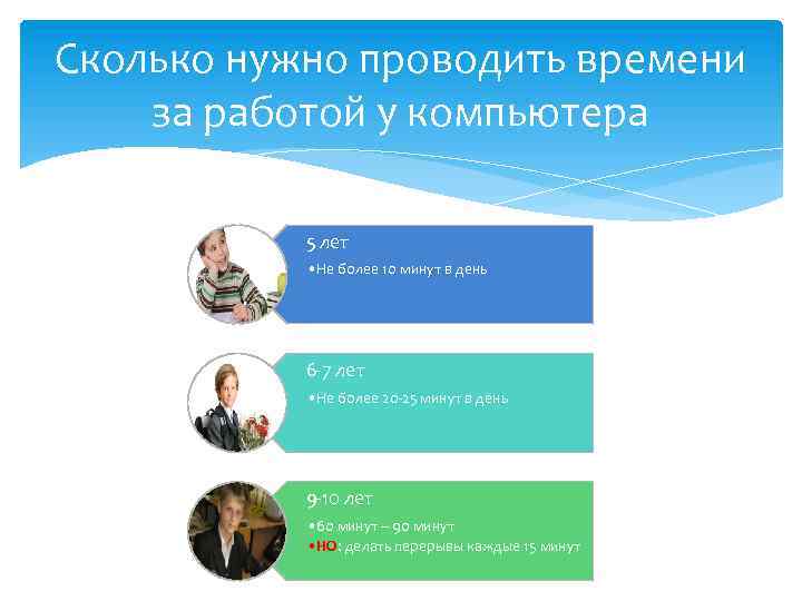 Сколько нужно проводить времени за работой у компьютера 5 лет • Не более 10