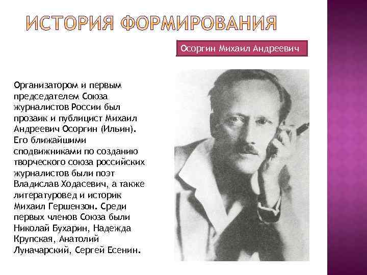 Осоргин Михаил Андреевич Организатором и первым председателем Союза журналистов России был прозаик и публицист