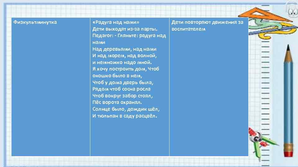 Физкультминутка «Радуга над нами» Дети повторяют движения за Дети выходят из-за парты. воспитателем Педагог: