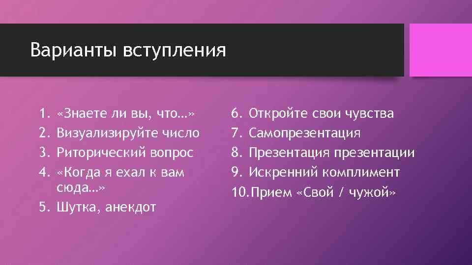 Варианты вступления 1. 2. 3. 4. «Знаете ли вы, что…» Визуализируйте число Риторический вопрос