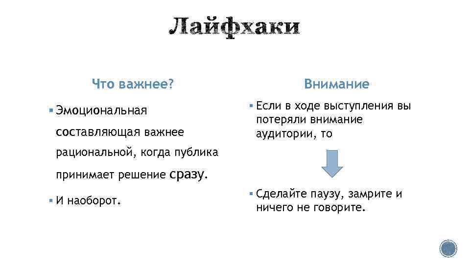 Что важнее? § Эмоциональная составляющая важнее Внимание § Если в ходе выступления вы потеряли