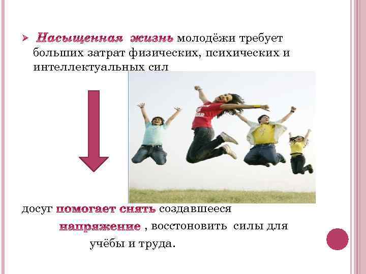 Ø молодёжи требует больших затрат физических, психических и интеллектуальных сил досуг создавшееся , восстоновить