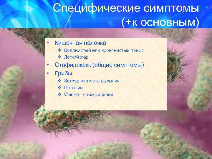 Специфические симптомы (+к основным) • Кишечная палочка v Водянистый или кровянистый понос v Легкий