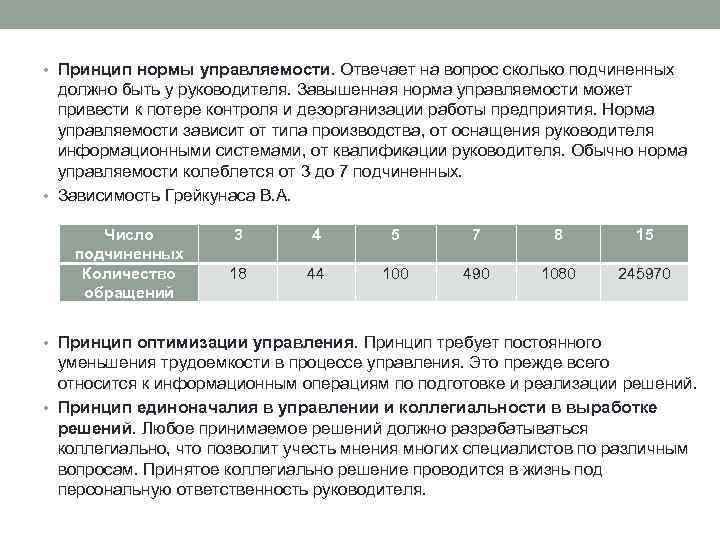  • Принцип нормы управляемости. Отвечает на вопрос сколько подчиненных должно быть у руководителя.