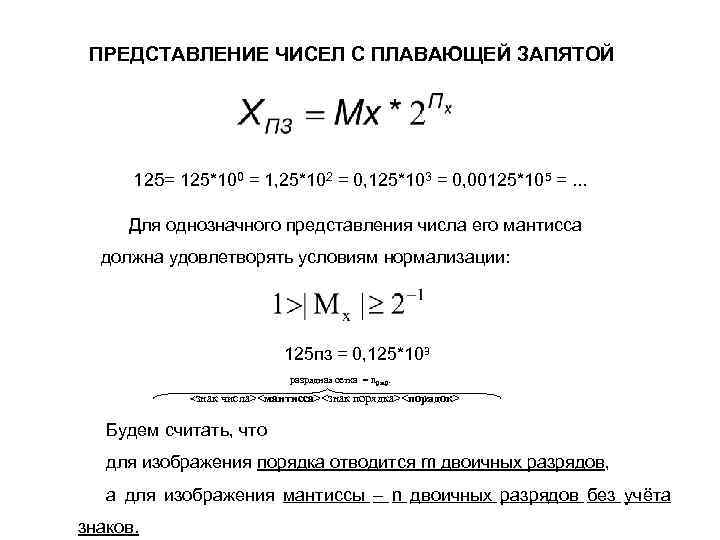 ПРЕДСТАВЛЕНИЕ ЧИСЕЛ С ПЛАВАЮЩЕЙ ЗАПЯТОЙ 125= 125*100 = 1, 25*102 = 0, 125*103 =