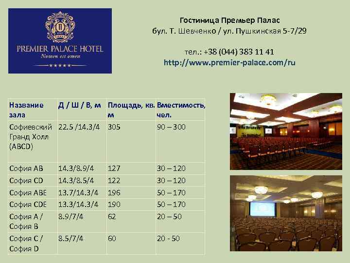 Гостиница Премьер Палас бул. Т. Шевченко / ул. Пушкинская 5 -7/29 тел. : +38