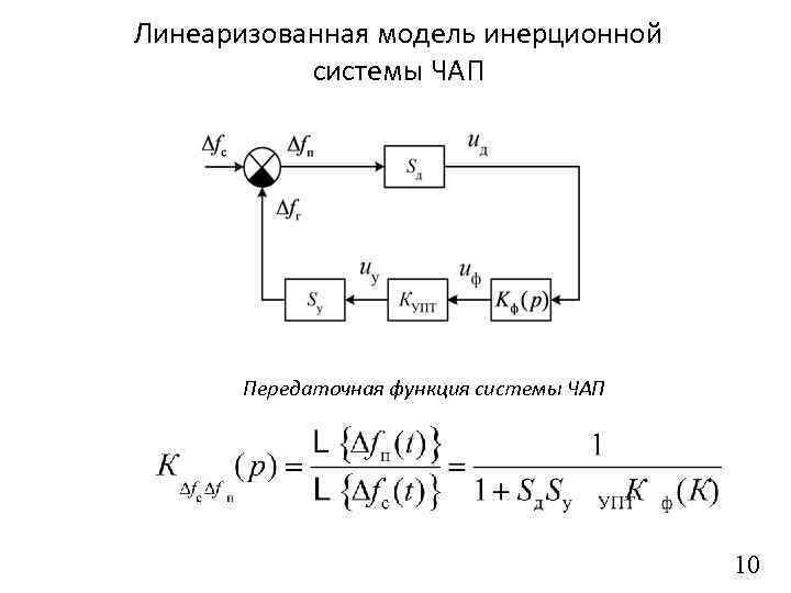 Линеаризованная модель инерционной системы ЧАП Передаточная функция системы ЧАП 10 
