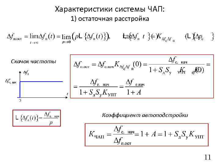 Характеристики системы ЧАП: 1) остаточная расстройка Скачок частоты Коэффициент автоподстройки 11 