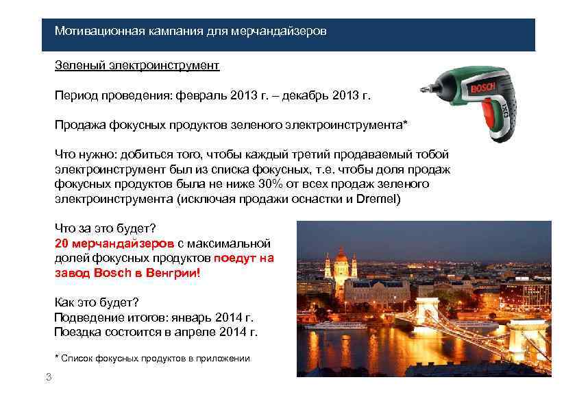 Мотивационная кампания для мерчандайзеров Зеленый электроинструмент Период проведения: февраль 2013 г. – декабрь 2013