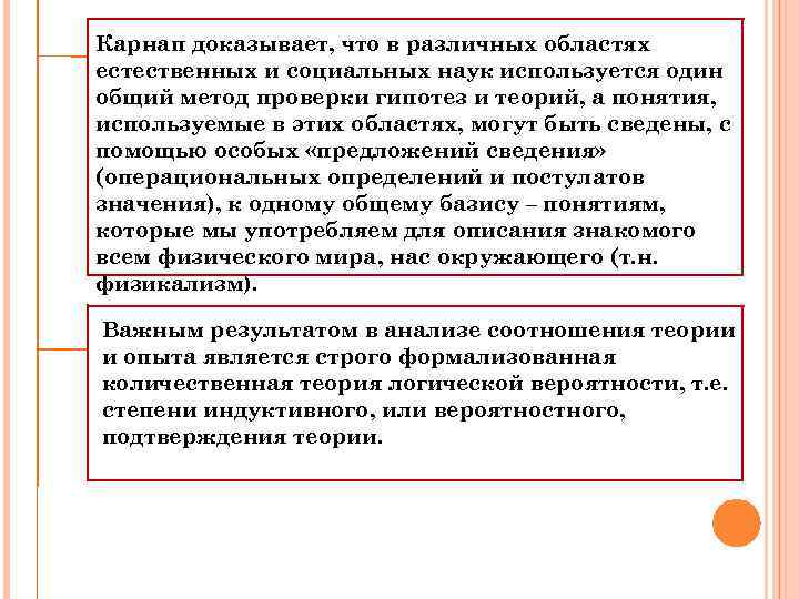 Карнап доказывает, что в различных областях естественных и социальных наук используется один общий метод