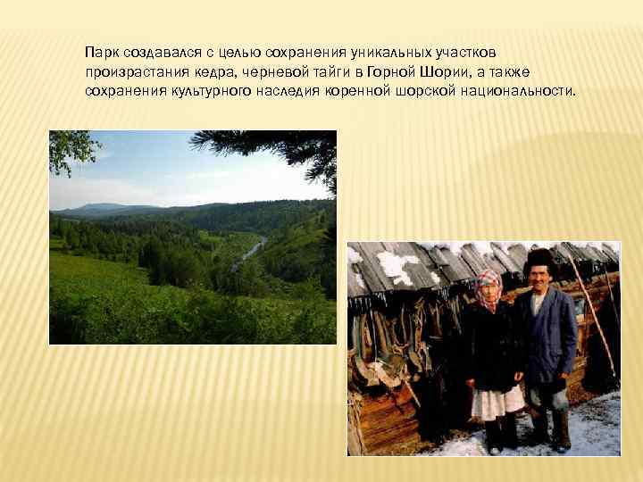 Парк создавался с целью сохранения уникальных участков произрастания кедра, черневой тайги в Горной Шории,