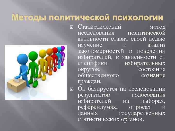 Методы политической психологии Статистический метод исследования политической активности ставит своей целью изучение и анализ