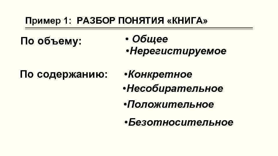 Пример 1: РАЗБОР ПОНЯТИЯ «КНИГА» По объему: • Общее • Нерегистируемое По содержанию: •