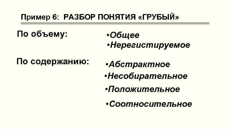 Пример 6: РАЗБОР ПОНЯТИЯ «ГРУБЫЙ» По объему: • Общее • Нерегистируемое По содержанию: •