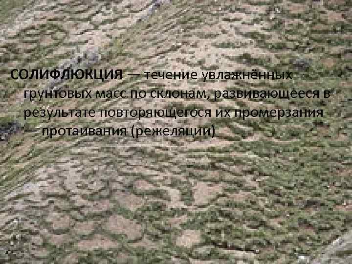 СОЛИФЛЮКЦИЯ — течение увлажнённых грунтовых масс по склонам, развивающееся в результате повторяющегося их промерзания