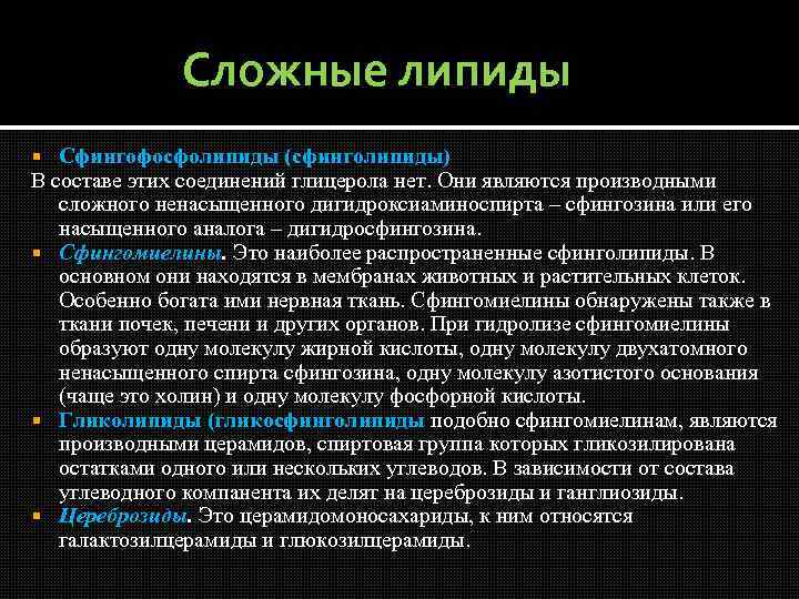 Сложные липиды Сфингофосфолипиды (сфинголипиды) В составе этих соединений глицерола нет. Они являются производными сложного