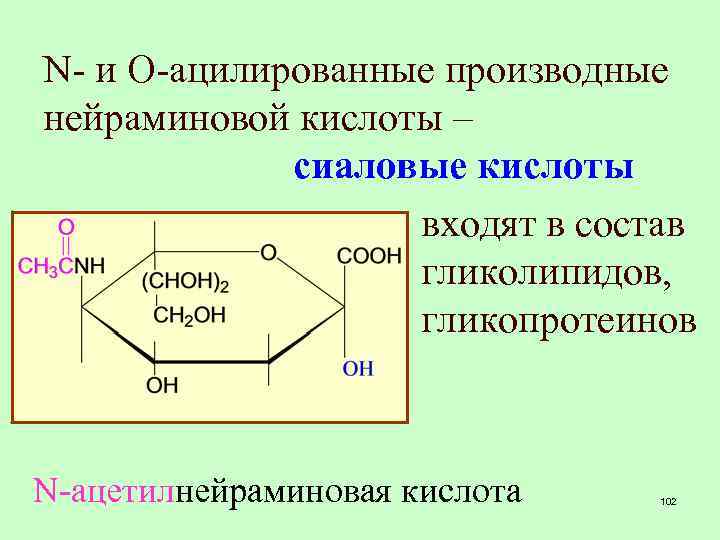 N- и O-ацилированные производные нейраминовой кислоты – сиаловые кислоты входят в состав гликолипидов, гликопротеинов