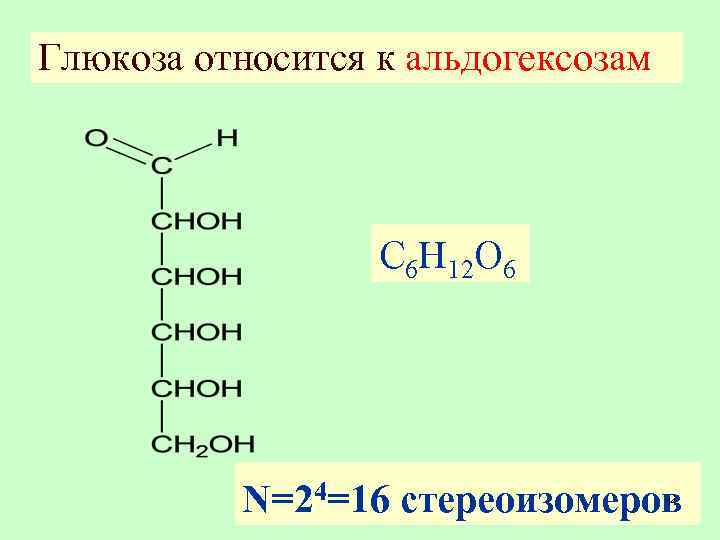 Глюкоза относится к альдогексозам С 6 H 12 O 6 N=24=16 стереоизомеров 14 