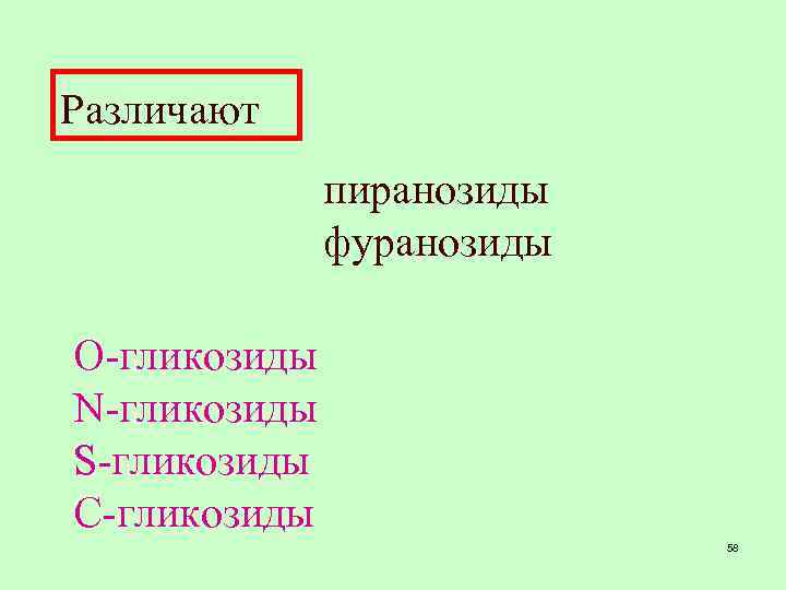 Различают пиранозиды фуранозиды О-гликозиды N-гликозиды S-гликозиды С-гликозиды 58 