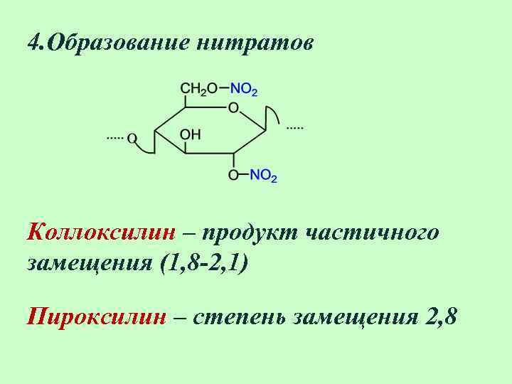 4. Образование нитратов Коллоксилин – продукт частичного замещения (1, 8 -2, 1) Пироксилин –