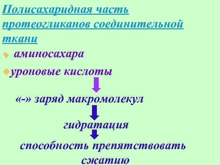 Полисахаридная часть протеогликанов соединительной ткани u аминосахара uуроновые кислоты «-» заряд макромолекул гидратация способность