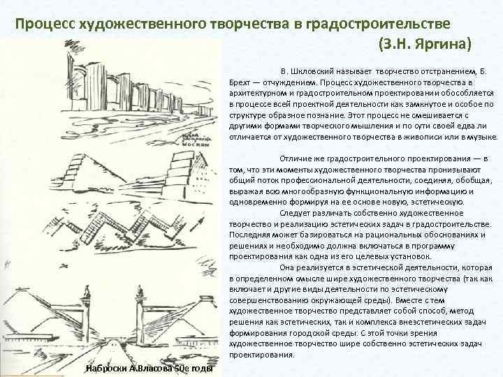 Процесс художественного творчества в градостроительстве (З. Н. Яргина) В. Шкловский называет творчество отстранением, Б.