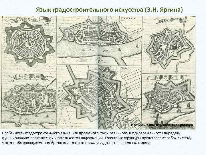 Язык градостроительного искусства (З. Н. Яргина) Изображение городов 17 в Гравюра Особенность градостроительного языка,