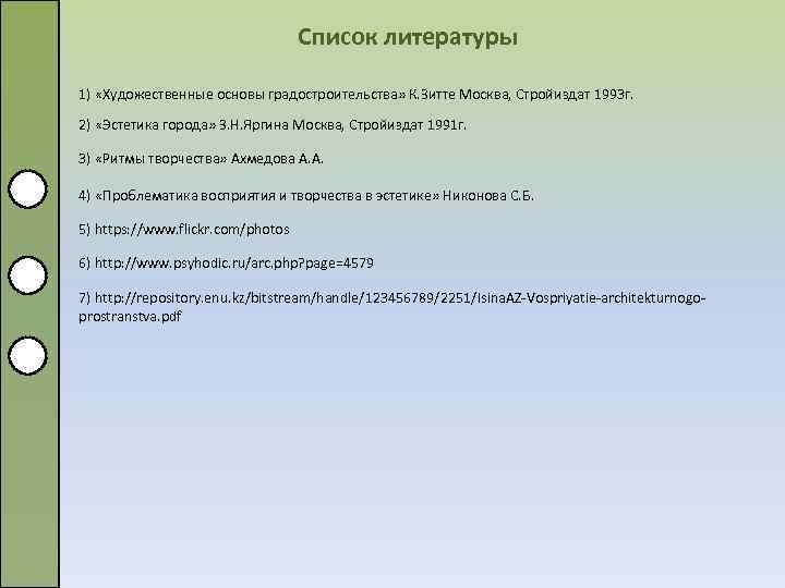 Список литературы 1) «Художественные основы градостроительства» К. Зитте Москва, Стройиздат 1993 г. 2) «Эстетика
