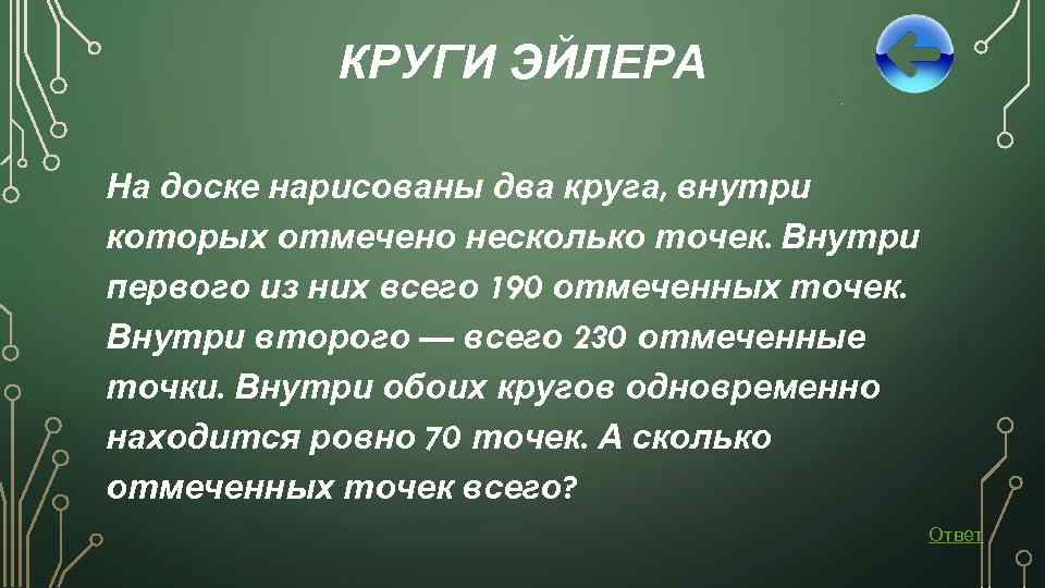 КРУГИ ЭЙЛЕРА На доске нарисованы два круга, внутри которых отмечено несколько точек. Внутри первого