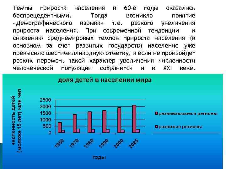 Темпы прироста населения в 60 -е годы оказались беспрецедентными. Тогда возникло понятие «Демографического взрыва»