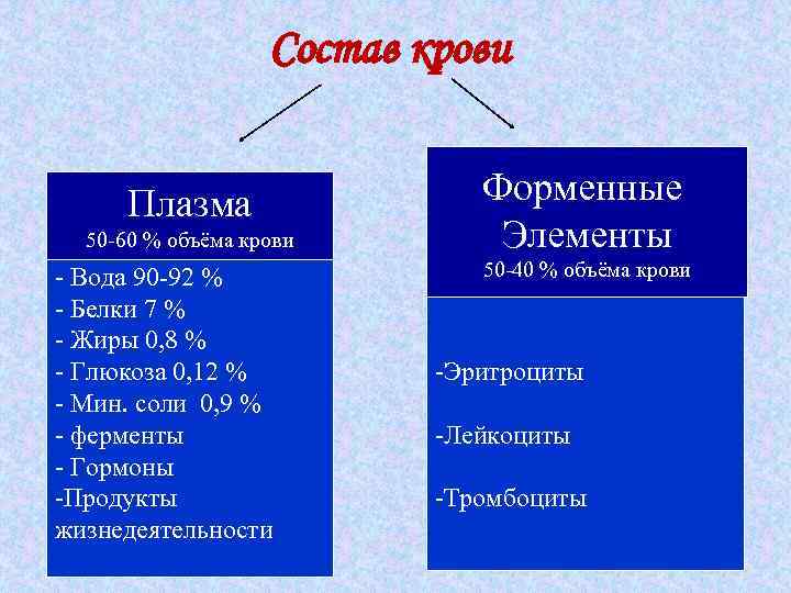 Состав крови Плазма 50 -60 % объёма крови - Вода 90 -92 % -