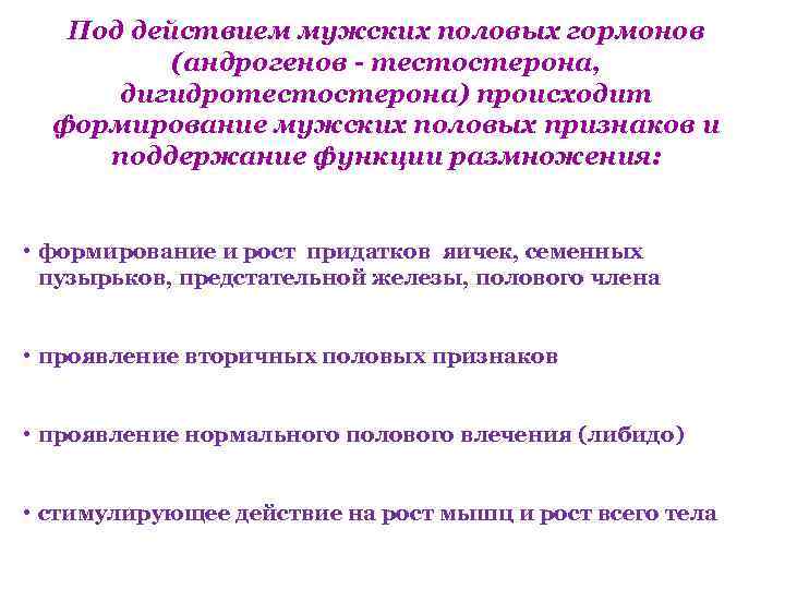 Под действием мужских половых гормонов (андрогенов - тестостерона, дигидротестостерона) происходит формирование мужских половых признаков