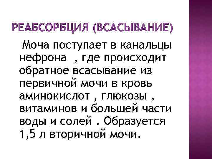 РЕАБСОРБЦИЯ (ВСАСЫВАНИЕ) Моча поступает в канальцы нефрона , где происходит обратное всасывание из первичной