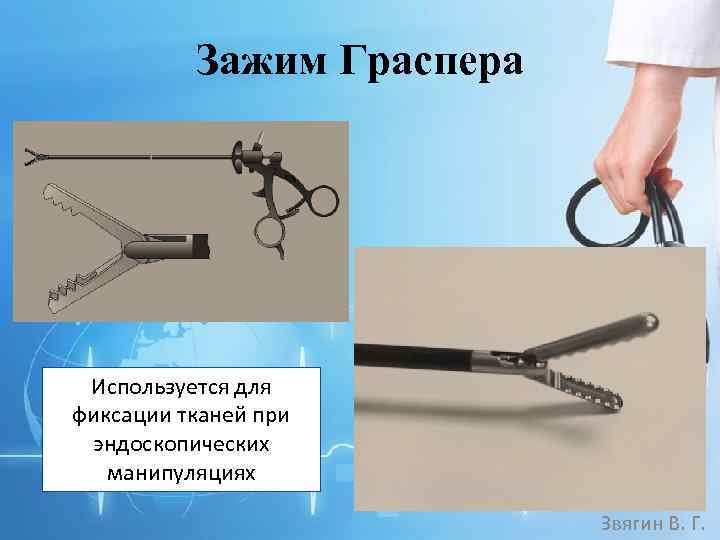 Зажим Граспера Используется для фиксации тканей при эндоскопических манипуляциях Звягин В. Г. 
