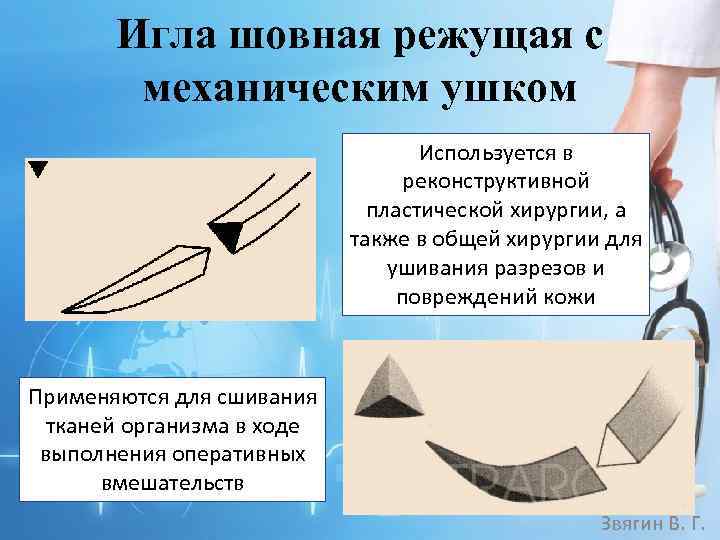 Игла шовная режущая с механическим ушком Используется в реконструктивной пластической хирургии, а также в