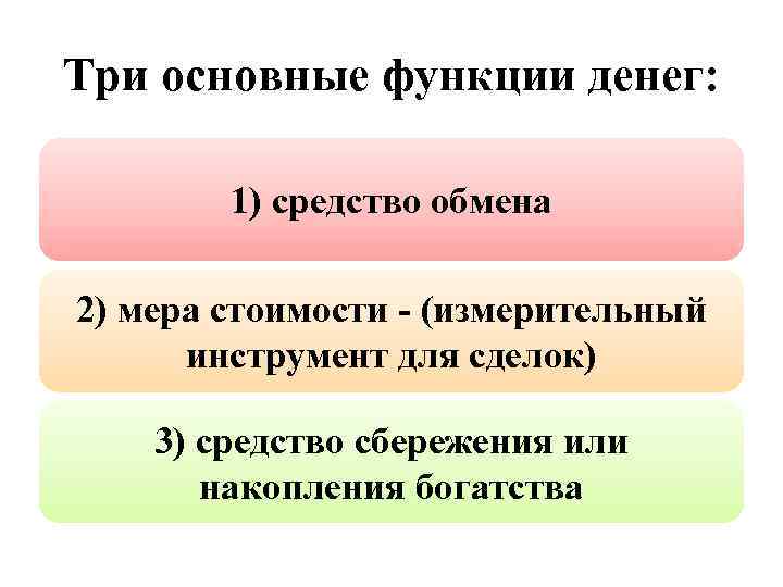 Три основные функции денег: 1) средство обмена 2) мера стоимости - (измерительный инструмент для