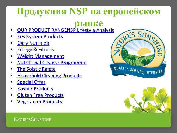  • • • Продукция NSP на европейском рынке OUR PRODUCT RANGENSP Lifestyle Analysis