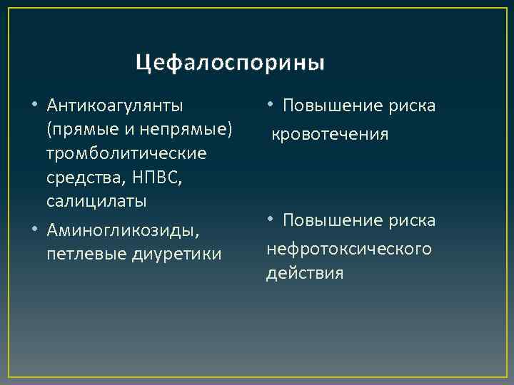 Цефалоспорины • Антикоагулянты (прямые и непрямые) тромболитические средства, НПВС, салицилаты • Аминогликозиды, петлевые диуретики