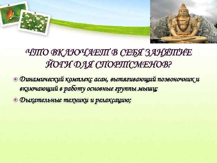 ЧТО ВКЛЮЧАЕТ В СЕБЯ ЗАНЯТИЕ ЙОГИ ДЛЯ СПОРТСМЕНОВ? Динамический комплекс асан, вытягивающий позвоночник и