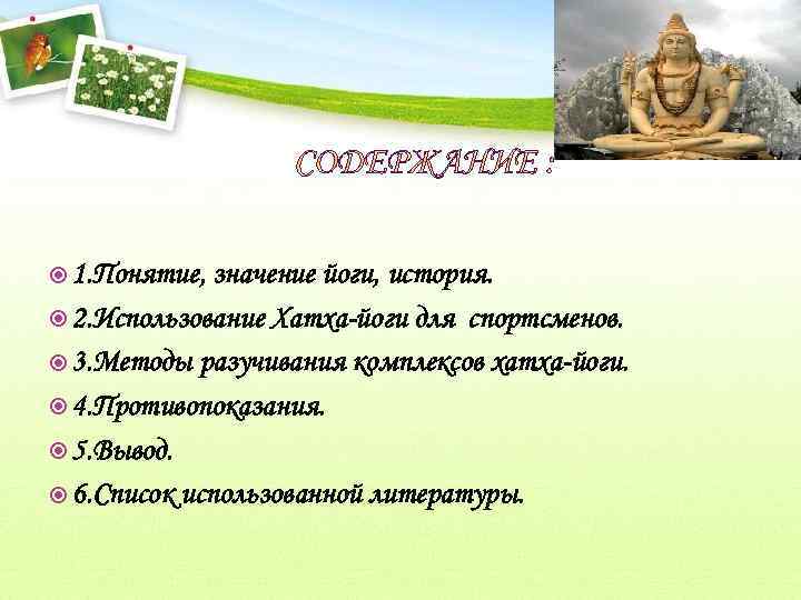  1. Понятие, значение йоги, история. 2. Использование Хатха-йоги для спортсменов. 3. Методы разучивания