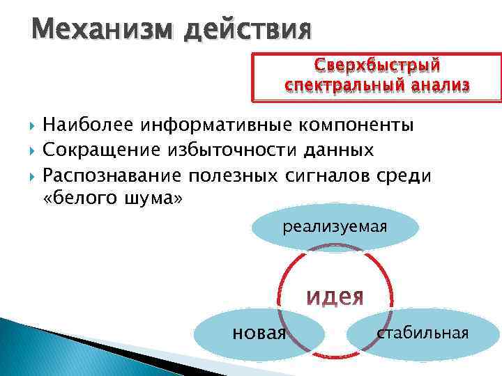 Механизм действия Сверхбыстрый спектральный анализ Наиболее информативные компоненты Сокращение избыточности данных Распознавание полезных сигналов