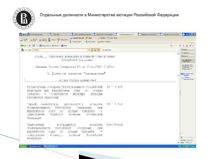 Отдельные должности в Министерстве юстиции Российской Федерации 